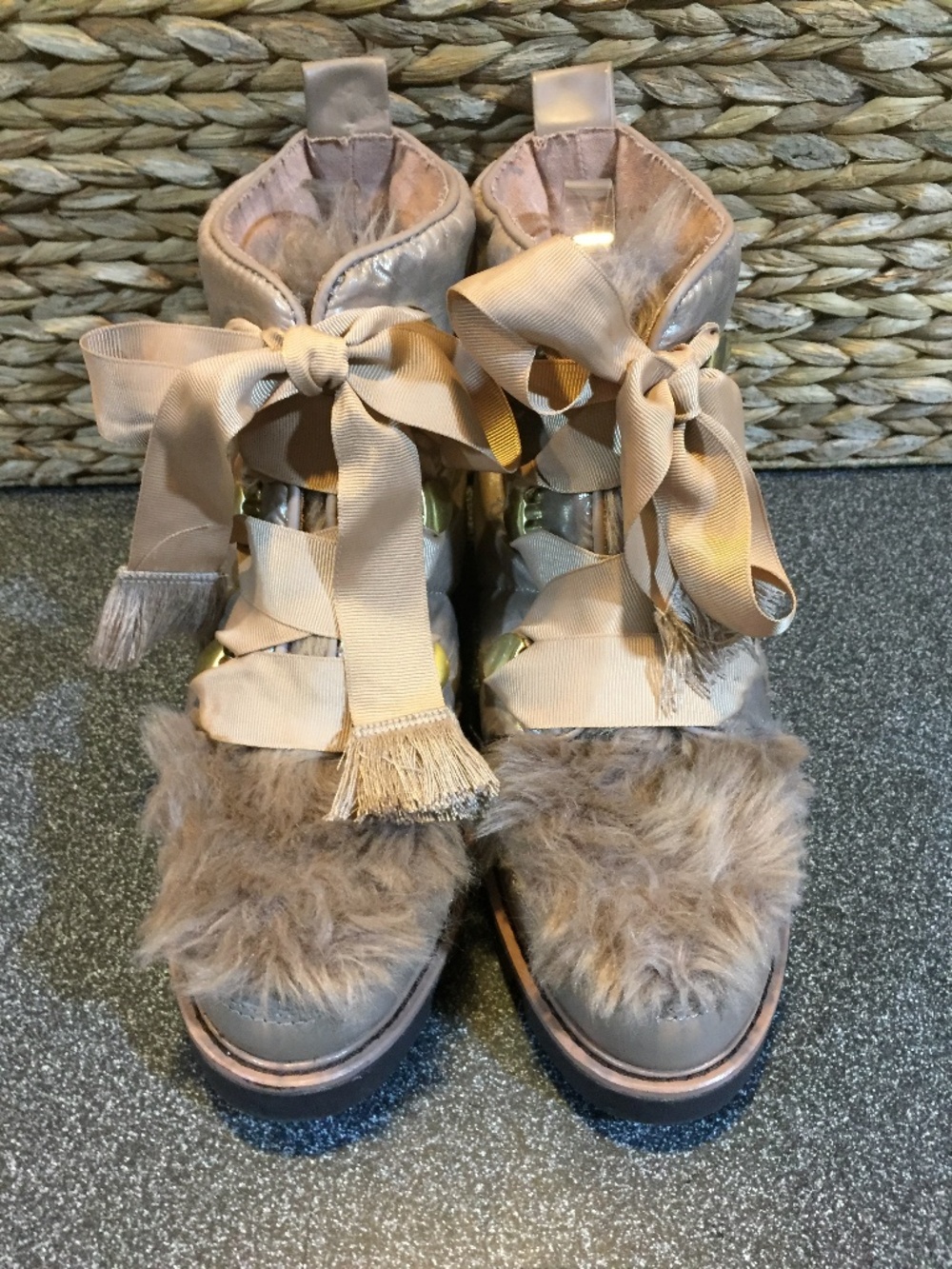 Kelsi Dagger Taupe Faux Fur Ribbon Ankle Booties